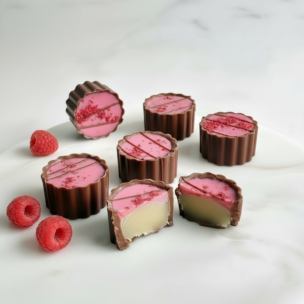 marsipan bringebær fruktig kokos gianduja cappuchino morsdag valentines gave gaveidé gavetips petit four minidessert sjokolade trendy konfirmasjon bryllup sveitsisk sjokolade event bites cookies catering