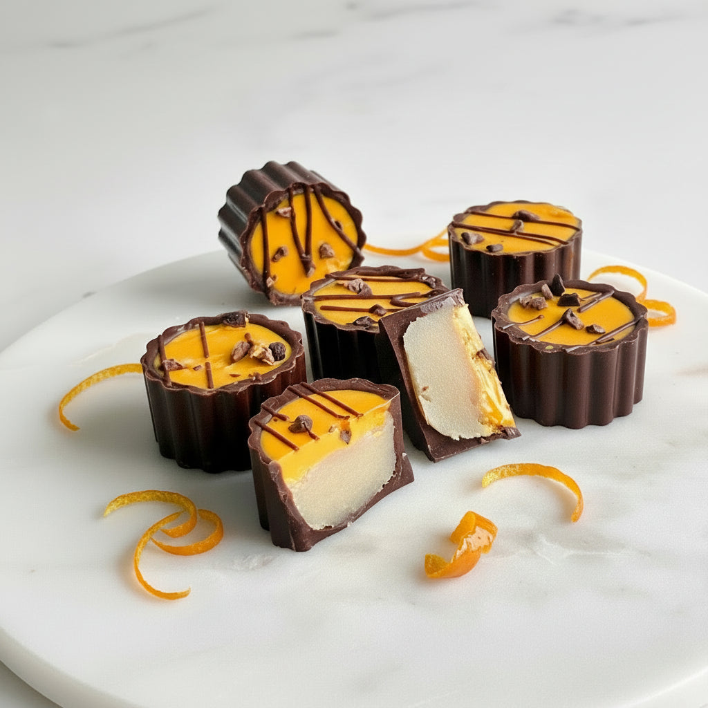 marsipan appelsin fruktig petit four minidessert sjokolade trendy konfirmasjon bryllup sveitsisk sjokolade event bites cookies catering